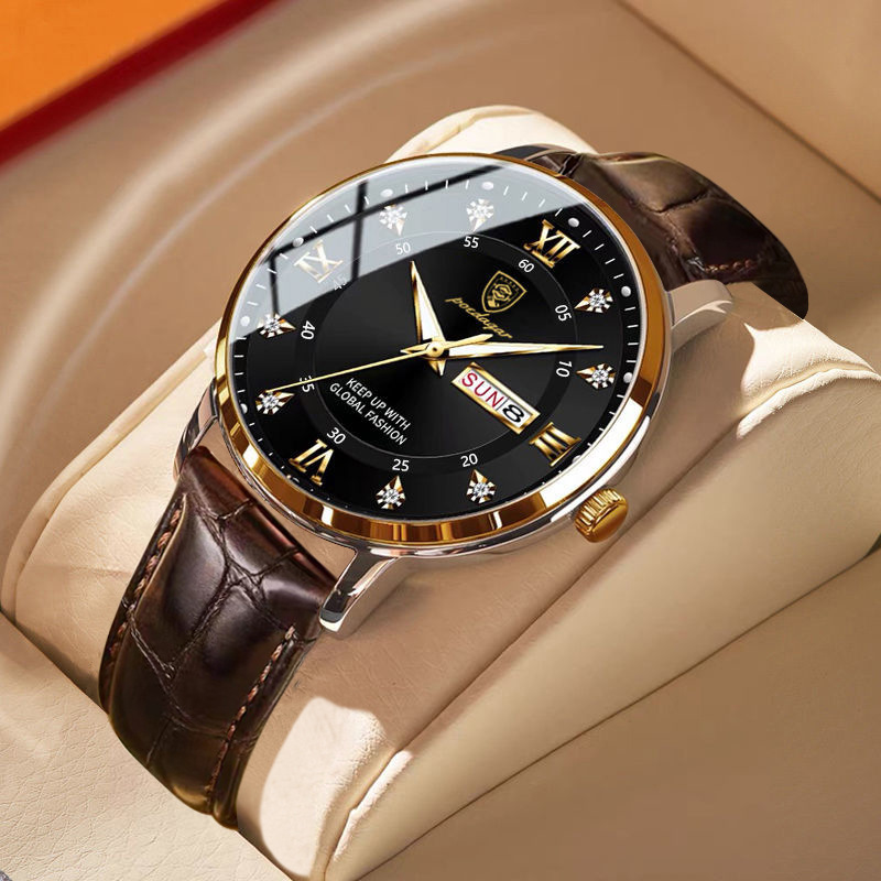Gold And Black Leather Belt Stainless Steel Round Dial Men's Watch