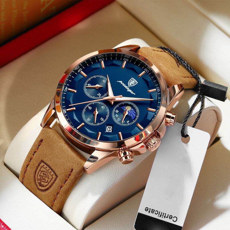 Rose Gold Blue Leather Belt Stainless Steel Round Dial Men's Watch