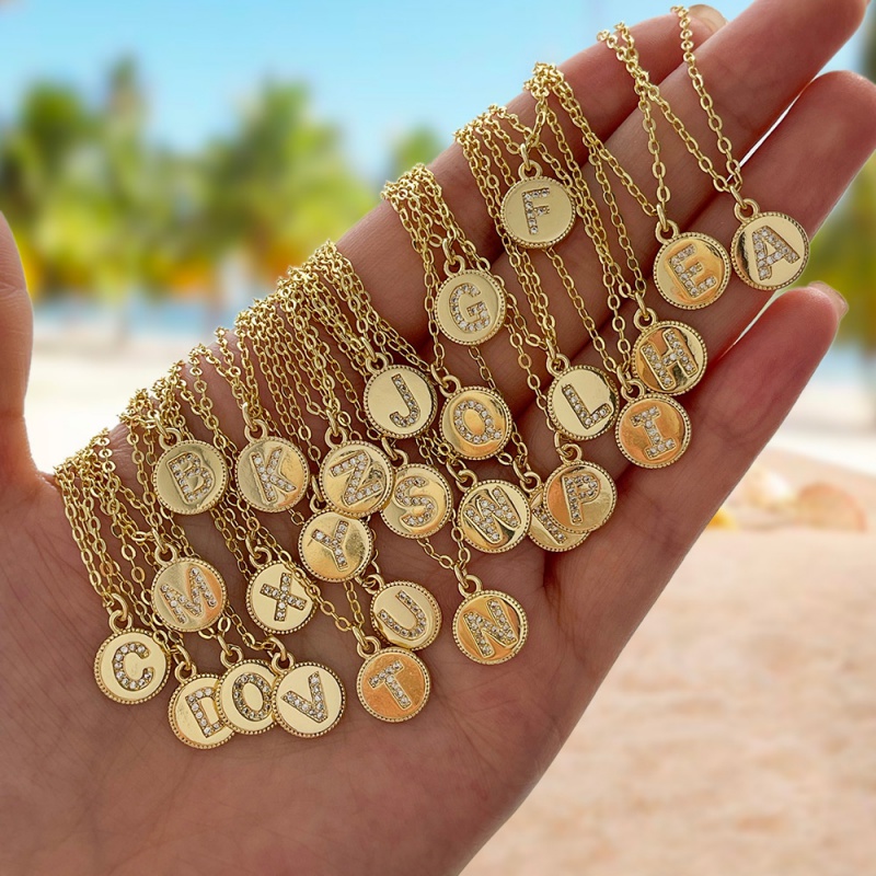 A Copper Inlaid Zircon Round 26 Letter Necklace