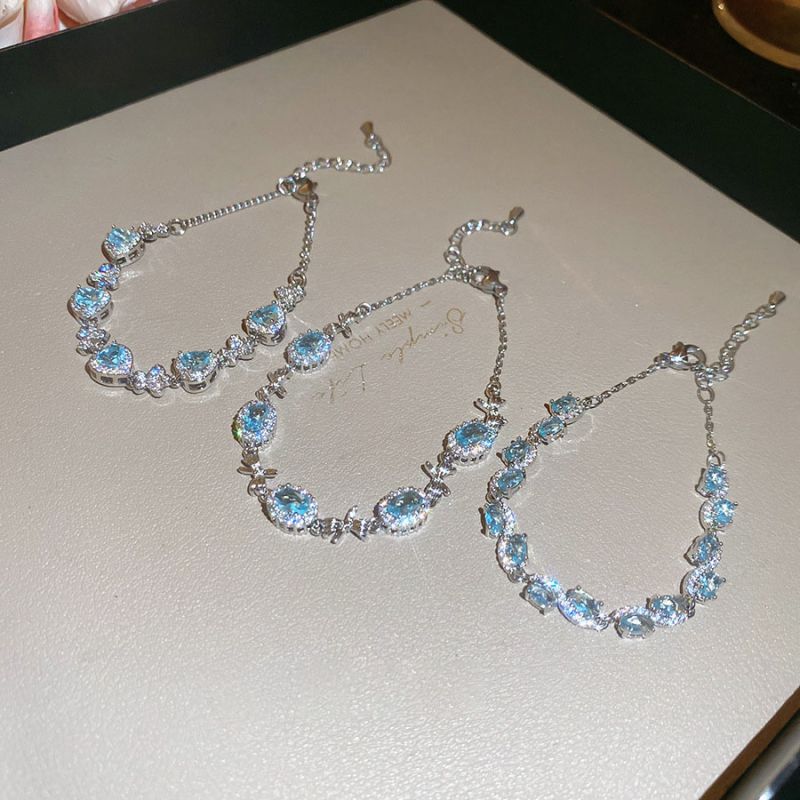 Bracelet-silver-blue Metal Oval Bracelet With Diamonds