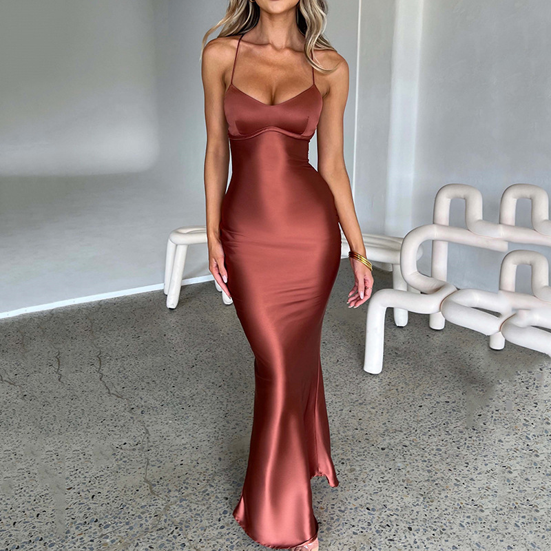 Brown Satin Pleated Slip Dress