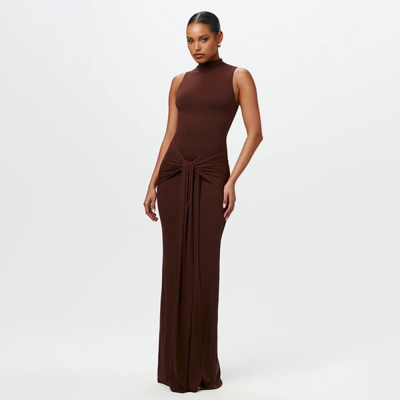 Brown Round Neck Sleeveless Tie Maxi Dress