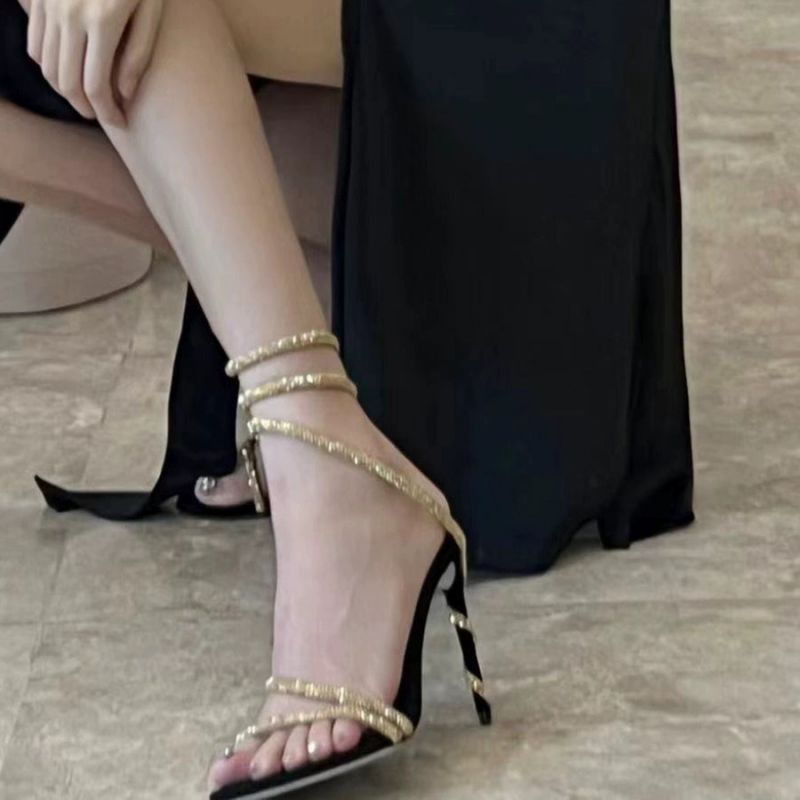 Sandalias De Tacón De Aguja Con Tiras De Diamantes De Imitación