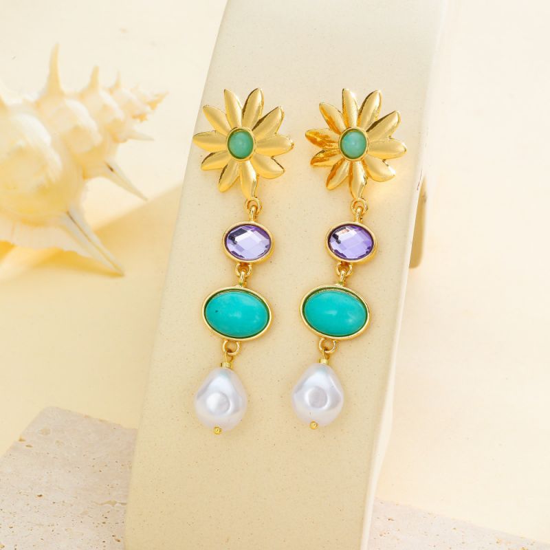 Pendientes De Aleación Con Flor De Piedra Natural Y Perla De Imitación