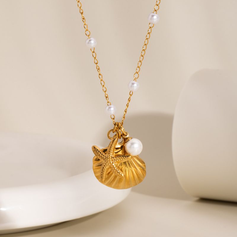 Necklace 2 Stainless Steel Pearl Shell Starfish Necklace