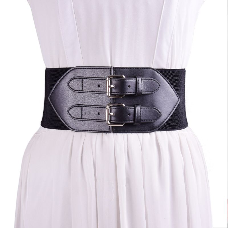 Black Pu Double Buckle Wide Waist Seal