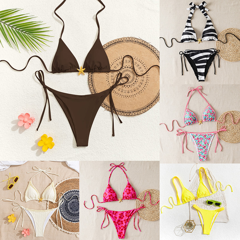 Traje De Baño Bikini De Dos Piezas Con Cuello Halter Y Cordones De Nailon