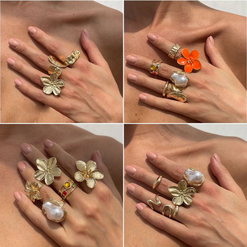 Conjunto De Anillos Irregulares Geométricos Con Flores De Perla De Aleación
