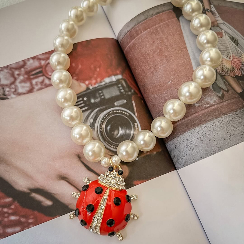 Gold Copper And Zircon Ladybug Pearl Necklace