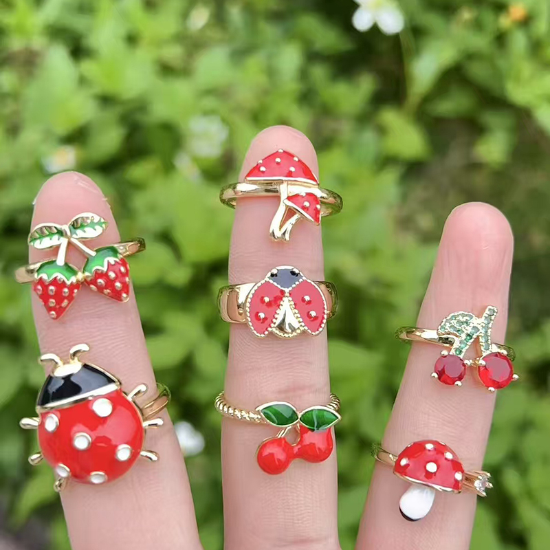 D Gold-plated Copper Cherry Strawberry Mushroom Insect Ring
