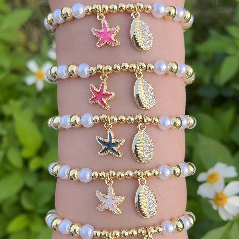 Pulsera De Estrella De Mar Con Cuentas De Perla Bañada En Oro Y Cobre