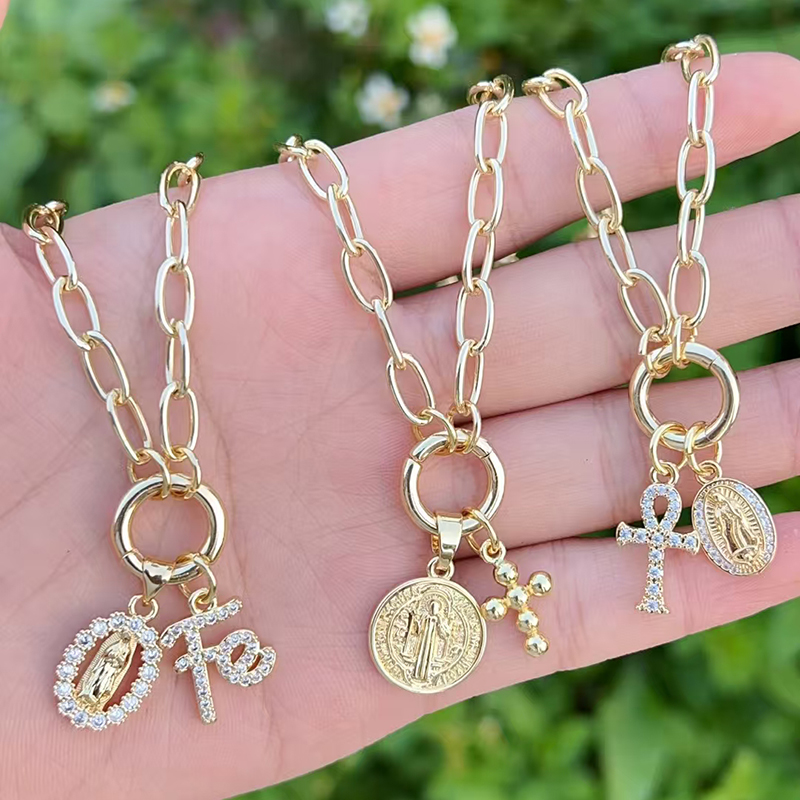 Collar Geométrico Con Cruz De La Virgen María Concha Tortuga Y Flor Bañado En Cobre