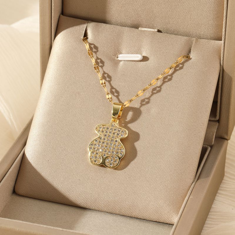 Gold Stainless Steel Diamond Bear Necklace