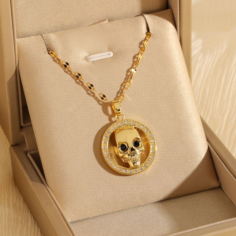 Gold Stainless Steel Skull Necklace With Diamonds