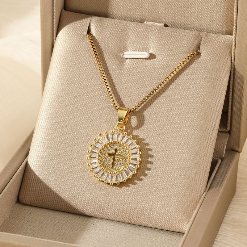 Box Chain Stainless Steel Diamond Cross Round Necklace