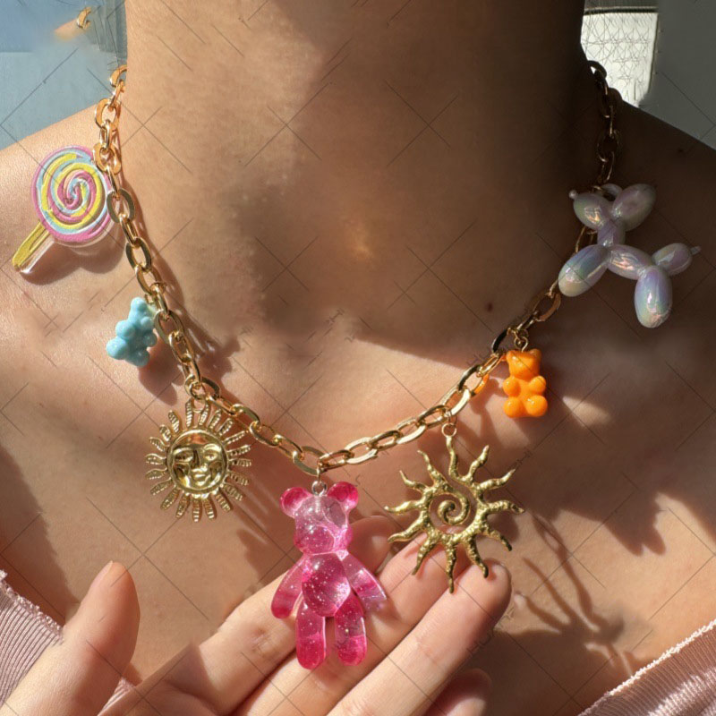 Gold Alloy Bear Balloon Dog Sun Pendant Necklace