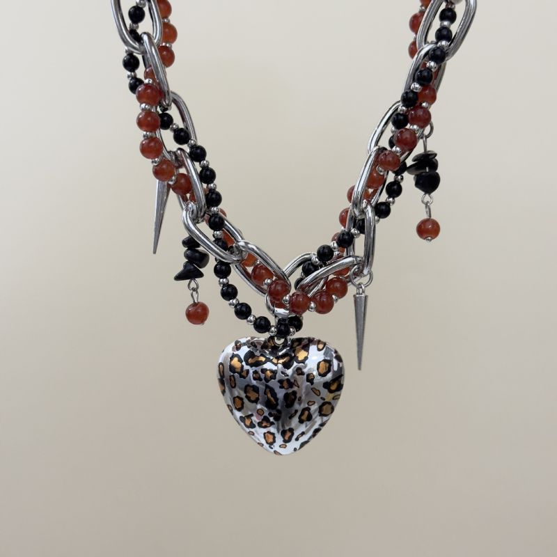 Collar De Corazón De Leopardo Con Cuentas Redondas