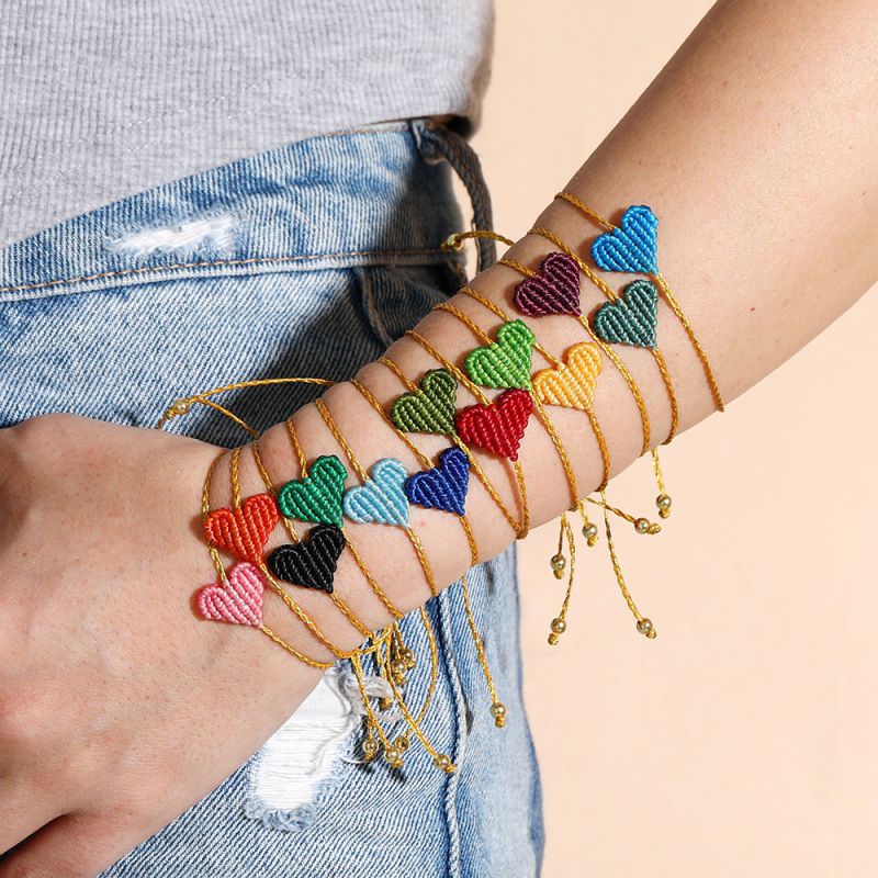 Pulsera De Corazón Trenzada Con Hilo Encerado