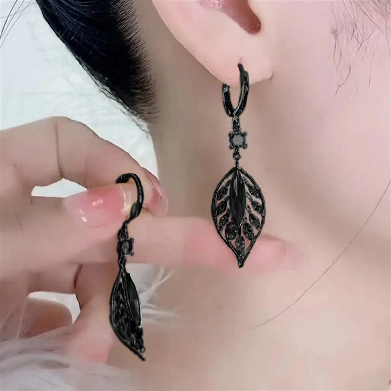 Black Gold Copper Diamond Leaf Hoop Earrings