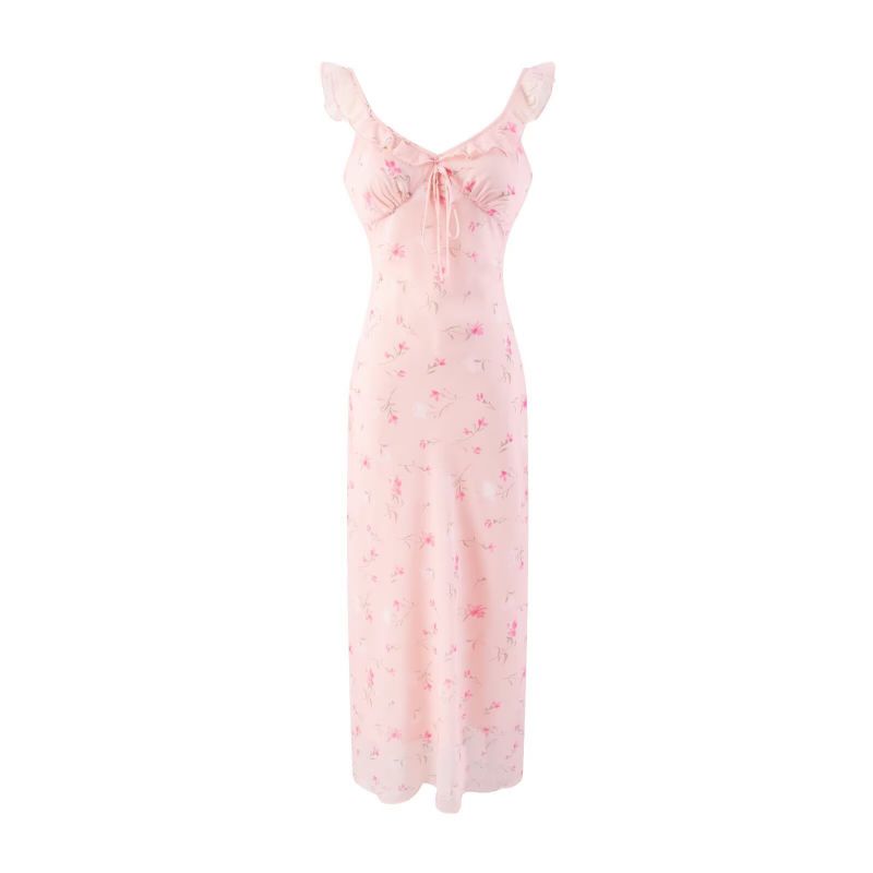 Pink Polyester Printed Lace-up Maxi Skirt
