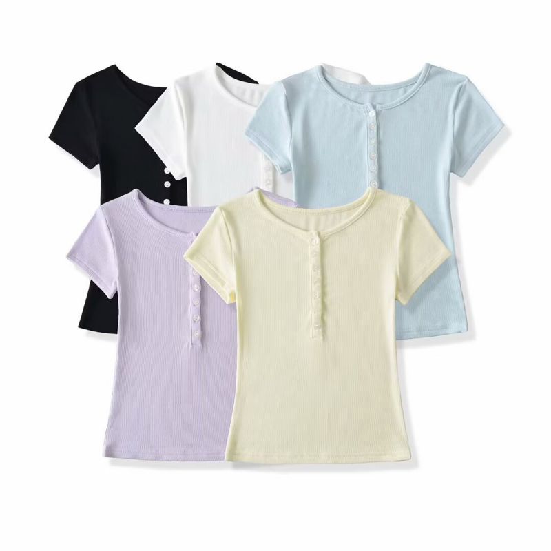 Camisa De Algodón Con Cuello Redondo Y Botones Y Mangas Cortas