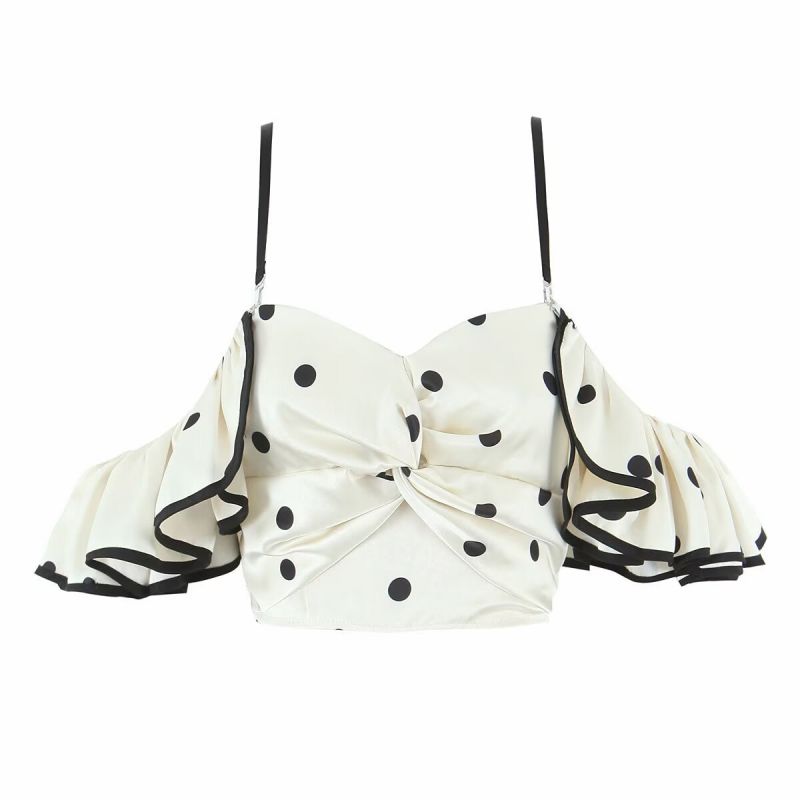 Beige Black Spots Polyester Polka Dot Ruffled Camisole Top