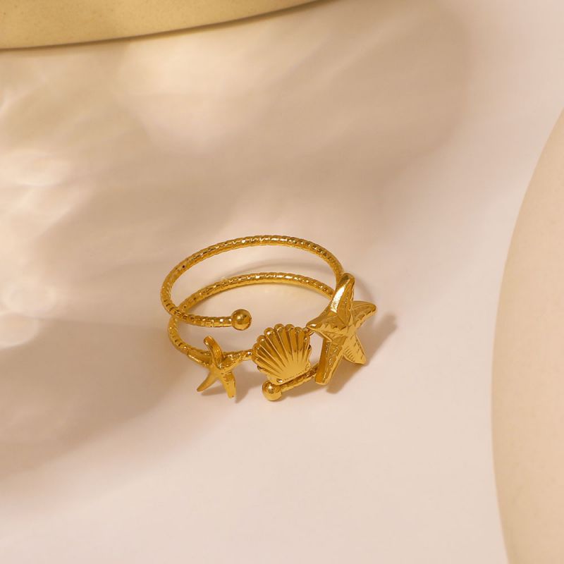 Gold Stainless Steel Starfish Scallop Double Layer Hollow Ring