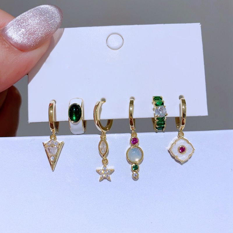 Conjunto De Pendientes Geométricos De Circonita Con Incrustaciones De Cobre
