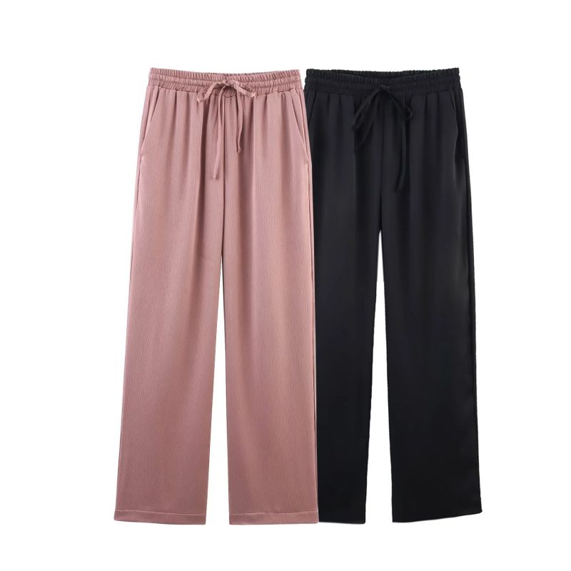 Pink Polyester Lace-up Straight Trousers