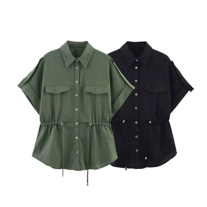 Black Blended Lapel Button-down Shirt