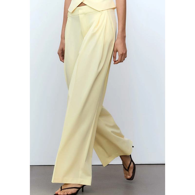 Yellow Polyester Pleated Wide-leg Trousers