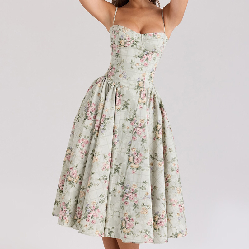 Green Cotton Printed Suspender Dress