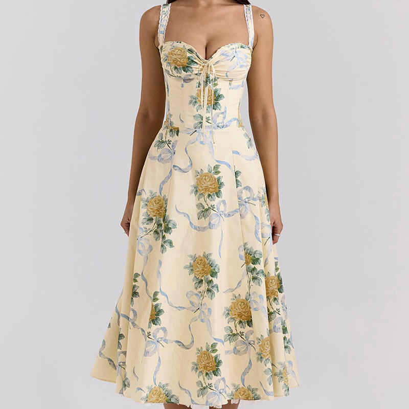 Yellow Cotton Printed Lace-up Maxi Skirt