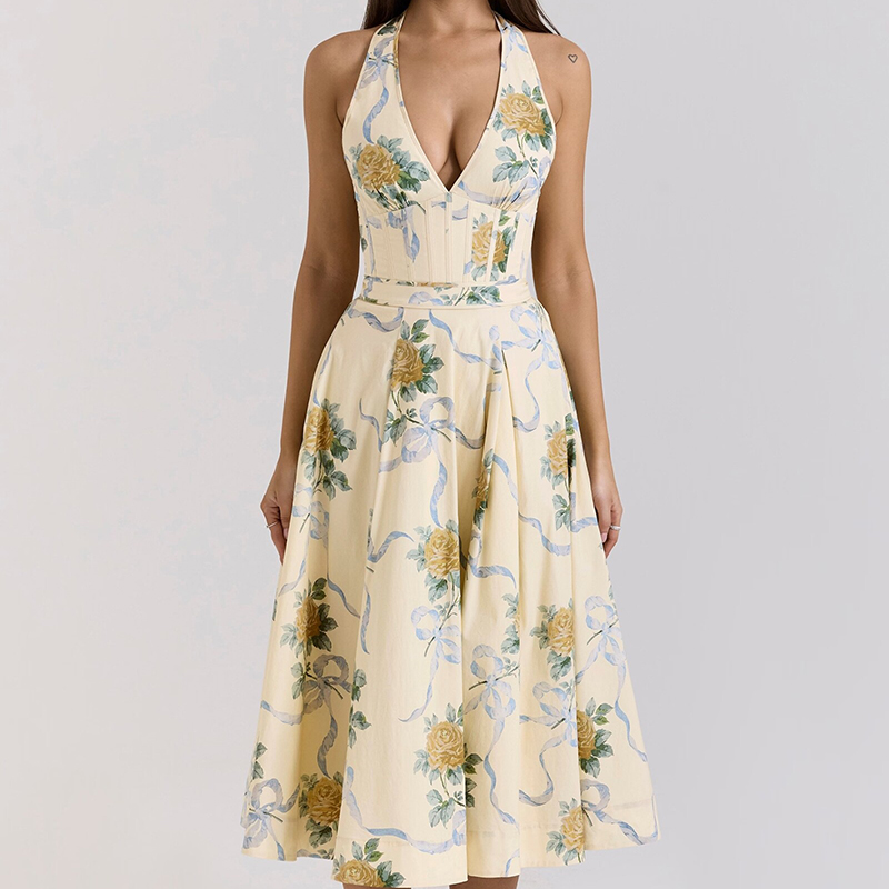 Yellow Cotton Printed Halterneck Maxi Dress