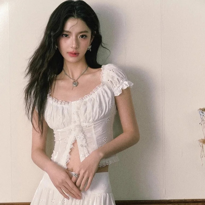 White Embroidered Hollow Lace Top