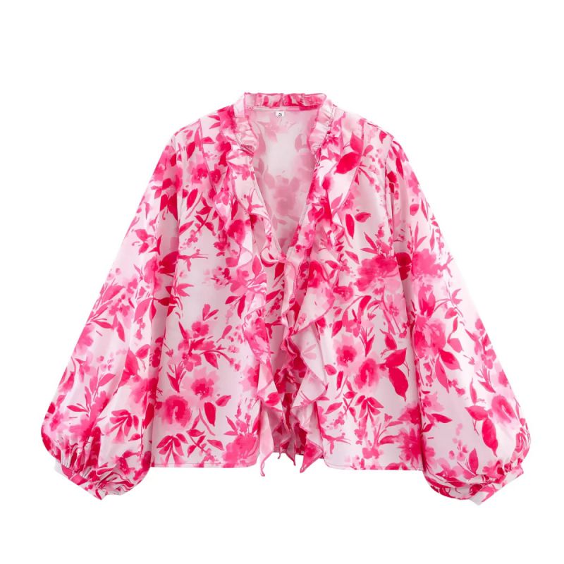 Rose Red Polyester Printed Ruffle Shirt