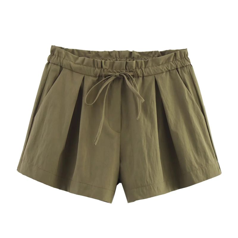 Army Green Cotton Lace-up Shorts