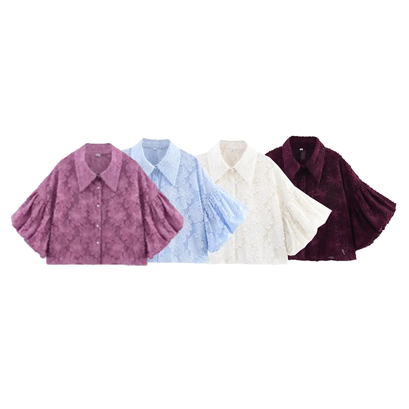 Light Purple Polyester Textured Floral Lapel Puff Sleeve Shirt