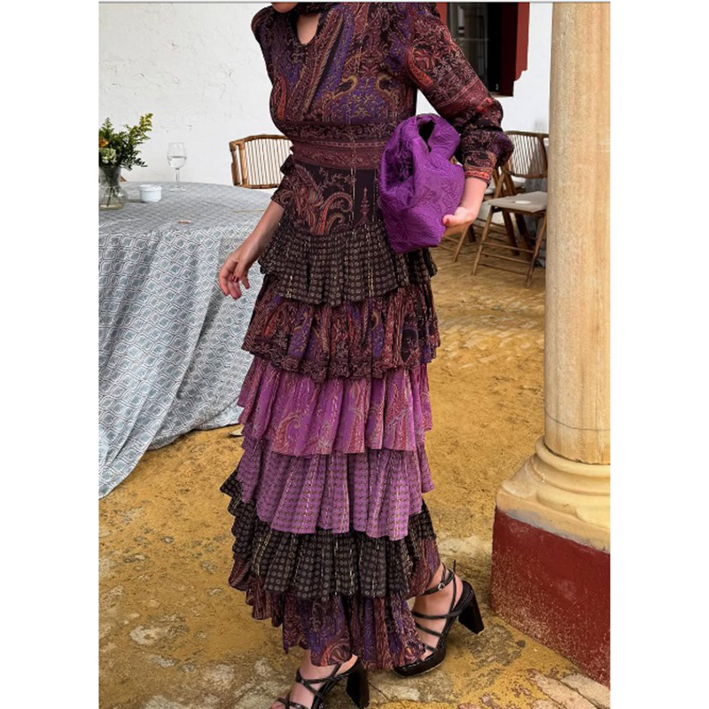 Purple Printed Multi-layered Maxi Skirt