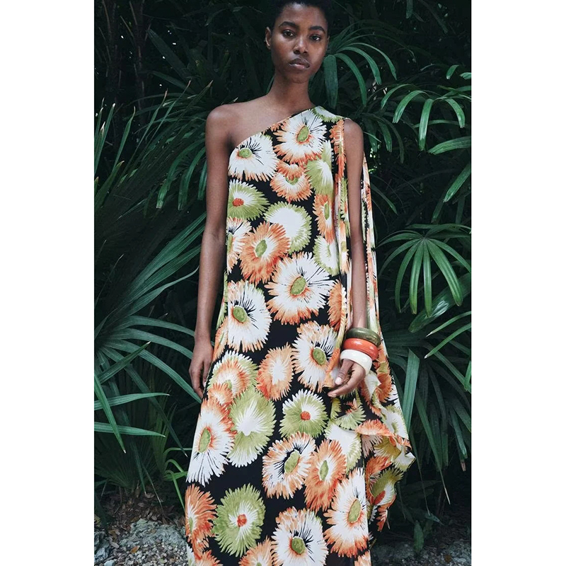 Yellow Polyester Printed One-shoulder Asymmetric Maxi Skirt