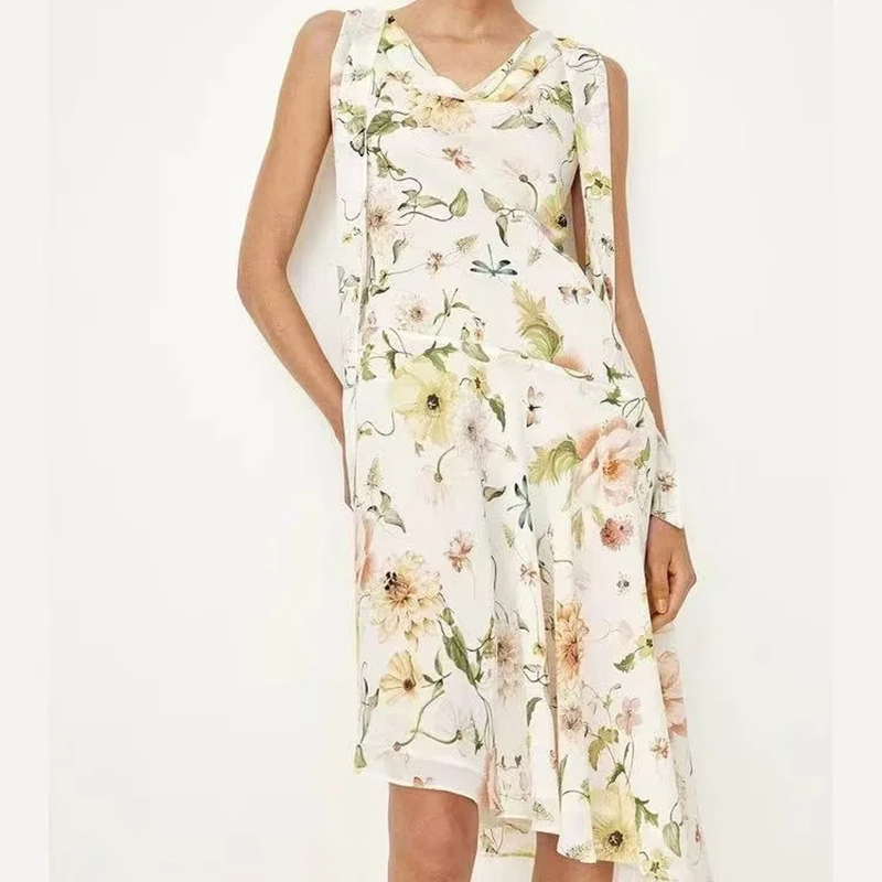 White Polyester Printed Irregular Long Skirt