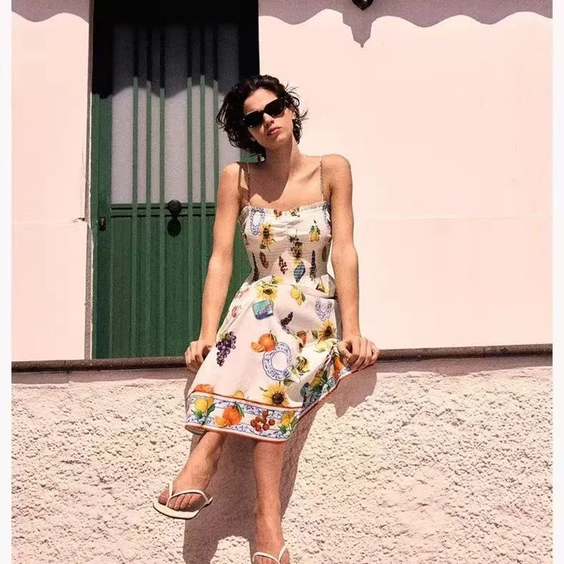 White Polyester Printed Suspender Dress