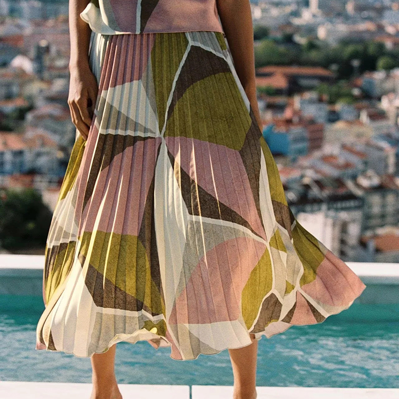Pink+yellow+brown Polyester Printed Skirt