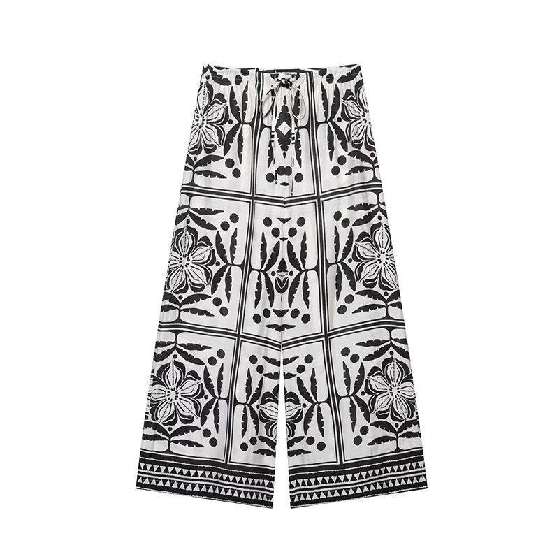 Black Polyester Printed Wide-leg Trousers