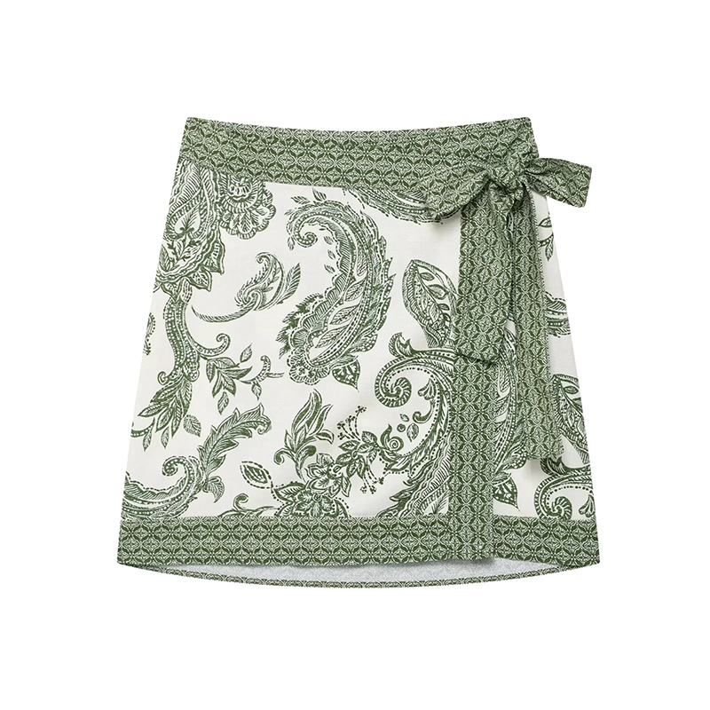 Green Polyester Printed Lace-up Skirt