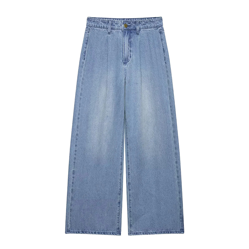 Denim Blue High-rise Pleated Wide-leg Jeans
