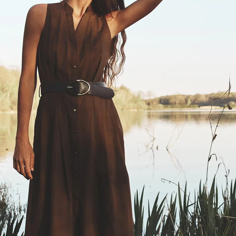 Dark Brown Blended Button-down Pleated Maxi Skirt