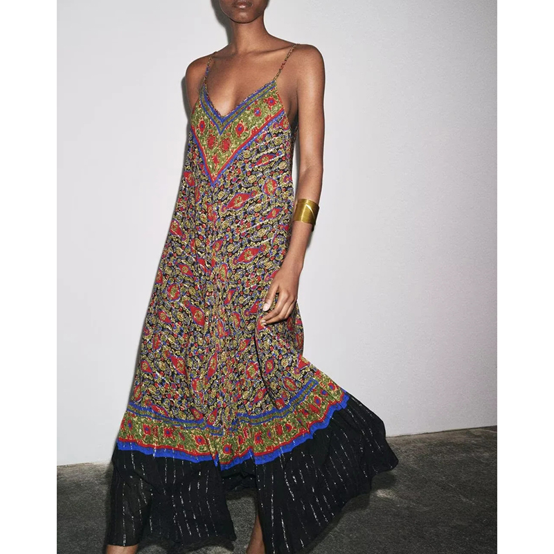 Brown Blended Printed Suspender Dress