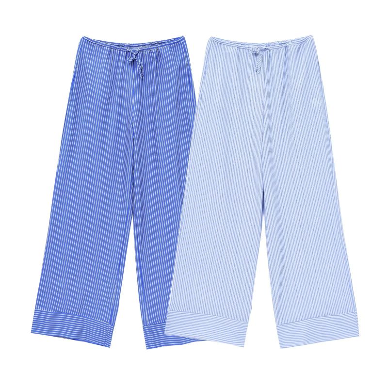 Light Blue Polyester Striped Lace-up Trousers