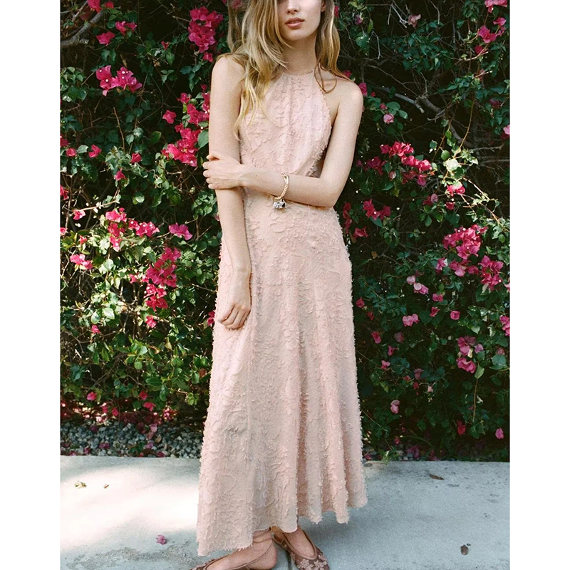 Pink Blended Textured Halter Neck Maxi Dress